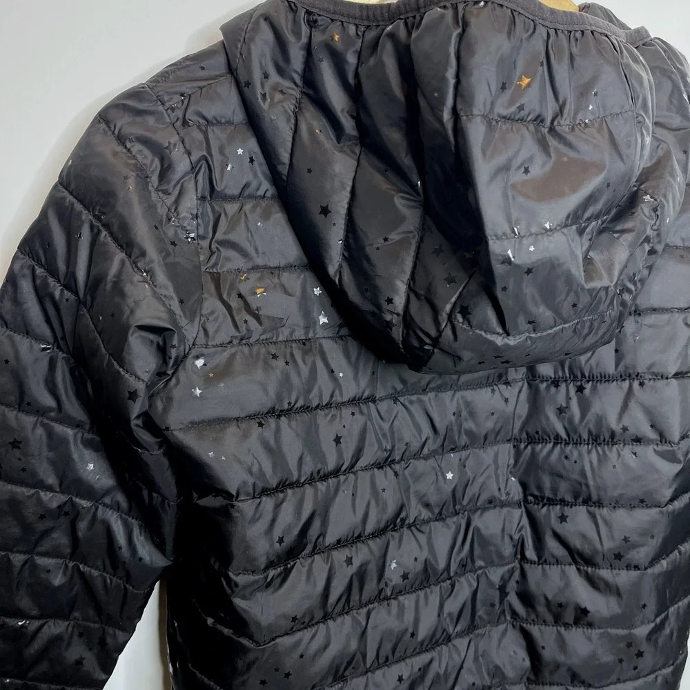 Gap Kids‎ Black Puffer Primaloft Jacket Star Print Hooded Zip Up Size M